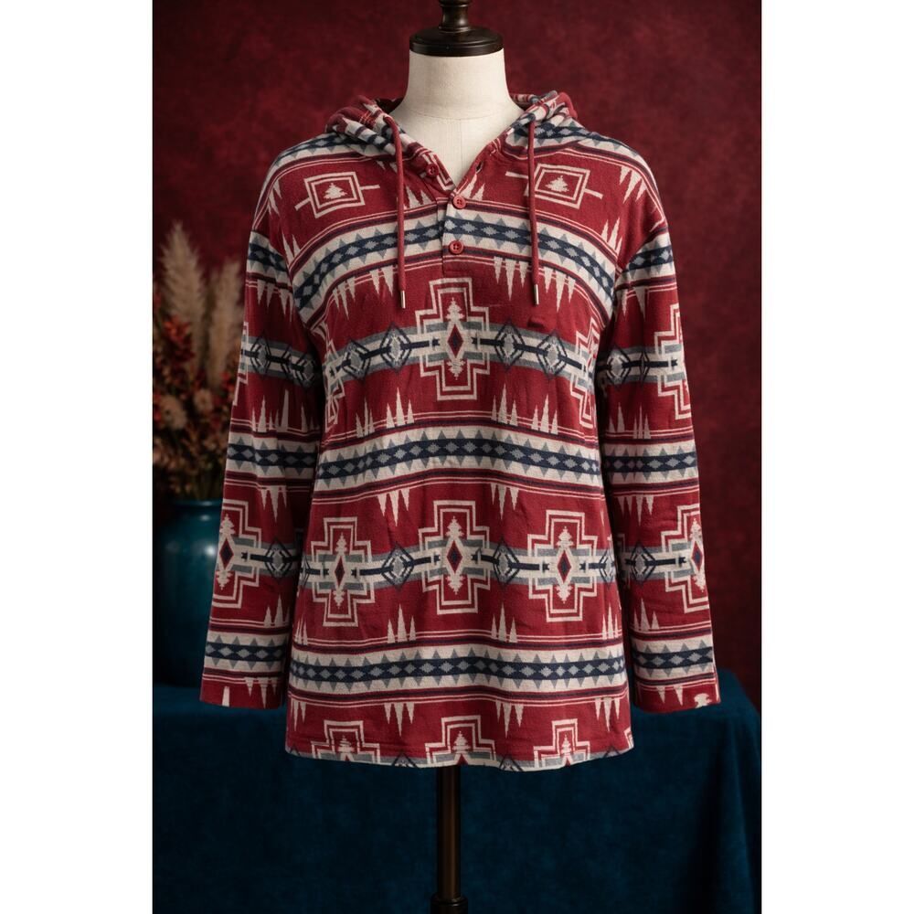 On The Byas Mens Drawstring Pullover Hoodie Red Aztec Print Pockets Buttons M